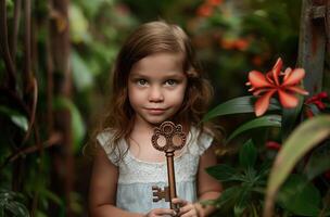 niña con llave en jardín foto