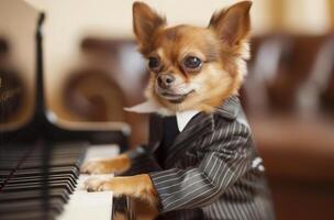 Suited chihuahua at piano photo