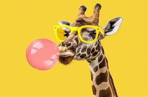 Giraffe blowing pink bubble photo