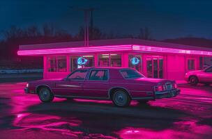 Neon lit diner and pink limousine at night photo