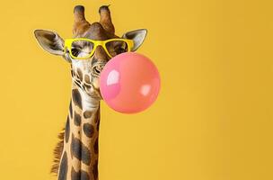 Giraffe with pink bubble gum photo