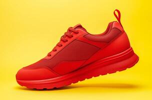 Red sneaker on yellow background photo