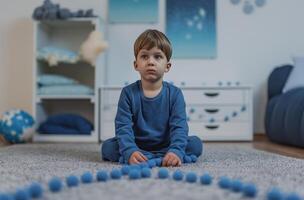 Autistic boy with blue balls photo