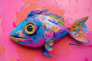 Colorful fish mural on pink photo