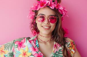 Hawaiian outfit and pink glasses photo