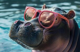 Hippo with stylish pink glasses photo