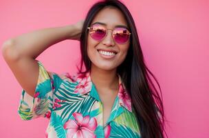 Woman hawaiian shirt sunglasses photo