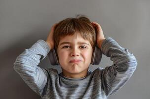 Boy with headphones covering ears photo