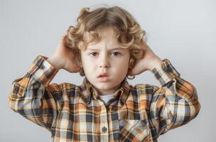 Child covering ears with hands photo