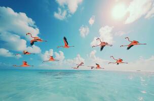 Flamingos flying over the azure Caribbean sea photo