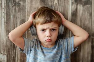 Child covering ears with headphones photo