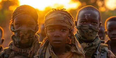 ai generado niños en militar conflicto en apoyo de libertad para para niños día foto