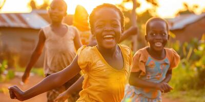 ai generado grupo de contento simpático niños teniendo divertido juntos para para niños día fiesta foto