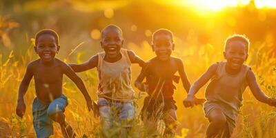 ai generado grupo de contento simpático niños teniendo divertido juntos para para niños día fiesta foto