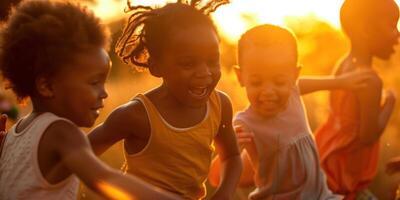 ai generado grupo de contento simpático niños teniendo divertido juntos para para niños día fiesta foto