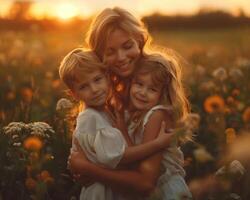 ai generado contento madre y niños con alegre emociones en un festivo estado animico en de la madre día foto