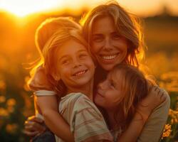 ai generado contento madre y niños con alegre emociones en un festivo estado animico en de la madre día foto