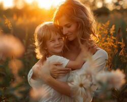 ai generado contento madre y niños con alegre emociones en un festivo estado animico en de la madre día foto