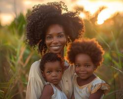 ai generado contento madre y niños con alegre emociones en un festivo estado animico en de la madre día foto