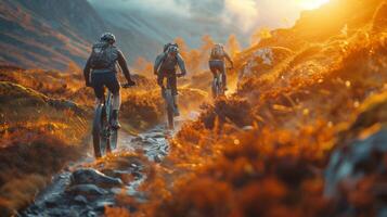 ai generado al aire libre actividad tema con personas en bicicletas en naturaleza foto