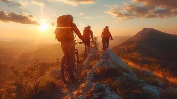 ai generado al aire libre actividad tema con personas en bicicletas en naturaleza foto