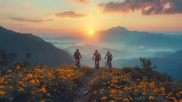 AI generated Outdoor activity theme with people on bikes in nature photo