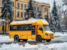 ai generado público transporte amarillo autobús para suelo transporte foto