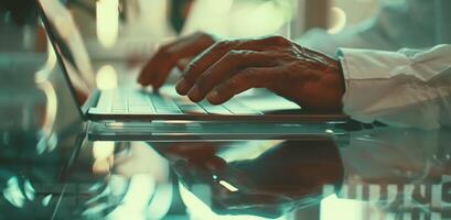 Human hands on a laptop while studying or doing business photo