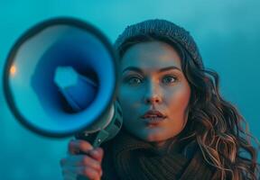 Woman with a bullhorn for news feeds and sales marketing, theme of protecting women's rights and feminism. photo