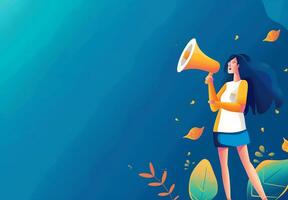 Business and marketing theme with woman and megaphone loudspeaker for announcements and promotion. photo