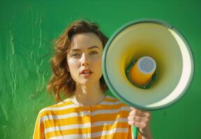 mujer con un megáfono para Noticias alimenta y ventas marketing, tema de proteger De las mujeres derechos y feminismo. foto