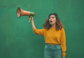 Woman with a bullhorn for news feeds and sales marketing, theme of protecting women's rights and feminism. photo