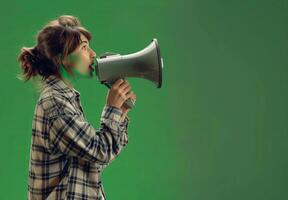 Business and marketing theme with woman and megaphone loudspeaker for announcements and promotion. photo