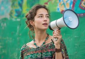 Woman with a bullhorn for news feeds and sales marketing, theme of protecting women's rights and feminism. photo