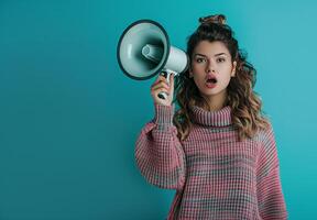 Business and marketing theme with woman and megaphone loudspeaker for announcements and promotion. photo