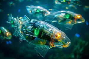 Futuristic fish robots controlled by AI intelligence in nature underwater photo