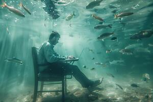 Man on a chair working on a laptop underwater theme of freelancing, concentration and inspiration photo