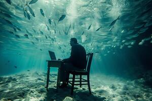 hombre en un silla trabajando en un ordenador portátil submarino tema de trabajo independiente, concentración y inspiración foto