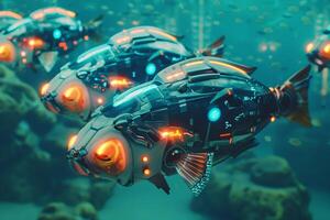 Futuristic fish robots controlled by AI intelligence in nature underwater photo