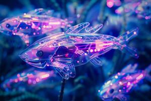 Futuristic fish robots controlled by AI intelligence in nature underwater photo