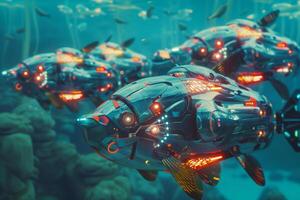 Futuristic fish robots controlled by AI intelligence in nature underwater photo