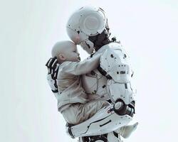 Future concept mother robot as human woman with human child photo