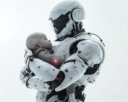 Future concept mother robot as human woman with human child photo