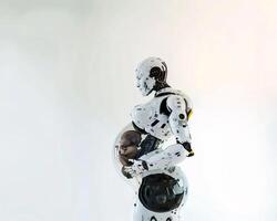 Future concept mother robot as human woman with human child photo