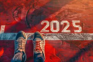 el comenzando de 2025 es escrito en un vistoso la carretera. conceptual foto de el viniendo nuevo año 2025. nuevo año concepto, motivación, negocio promoción, paso adelante, Moviente adelante, esperanza