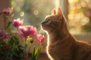 gato mascota en un soleado día en naturaleza en contra un antecedentes de flores foto