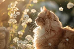 gato mascota en un soleado día en naturaleza en contra un antecedentes de flores foto