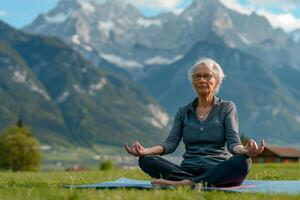 Old lady doing active lifestyle yoga for health and mental balance photo