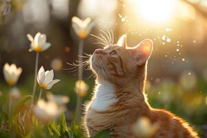 Cat pet on a sunny day in nature against a background of flowers photo