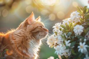 gato mascota en un soleado día en naturaleza en contra un antecedentes de flores foto